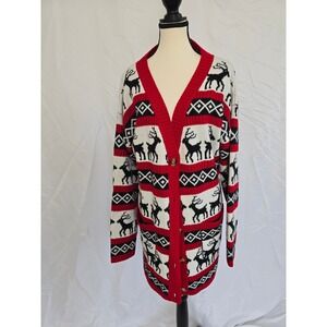 Merry Christmas Reindeer Fair Isle Knit Cardigan Sweater Womens XXL Red Black Wh